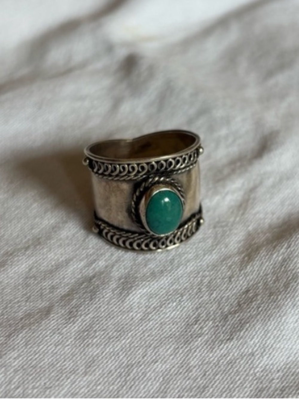 Sterling Silver Green Stone Wide Band Ring